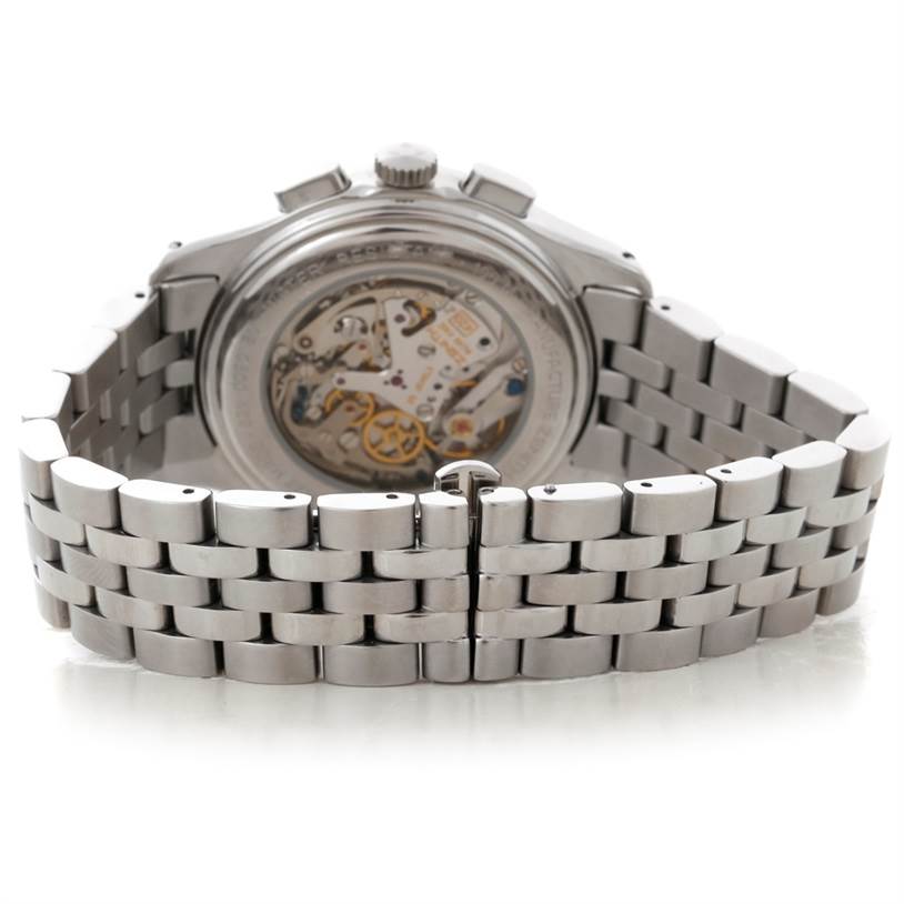 The image shows the back view of the Zenith El Primero 02 05004 20 Men
s Stainless Steel Black Dial 02 05004 20 Men
s Stainless Steel Black Dial watch, highlighting its open case back and metal bracelet.