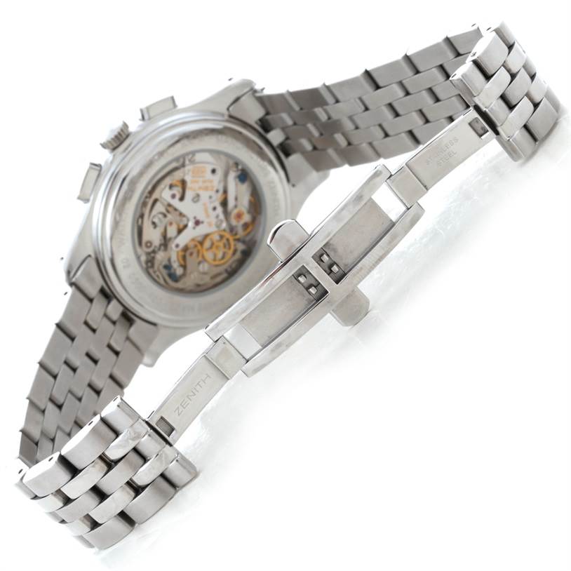 This image shows the back of the Zenith El Primero 02 05004 20 Men
s Stainless Steel Black Dial 02 05004 20 Men
s Stainless Steel Black Dial watch, highlighting its movement and stainless steel bracelet from an angled rear view.