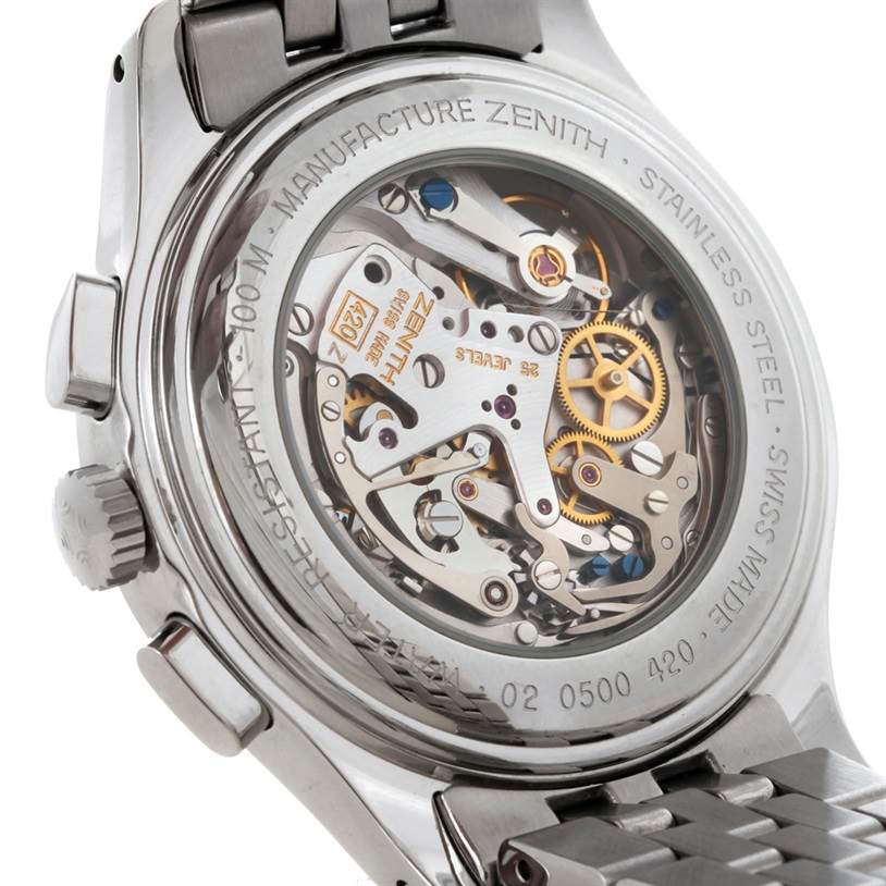 The image displays the back view of the Zenith El Primero 02 05004 20 Men
s Stainless Steel Black Dial 02 05004 20 Men
s Stainless Steel Black Dial watch, showcasing its visible internal mechanism and stainless steel case.