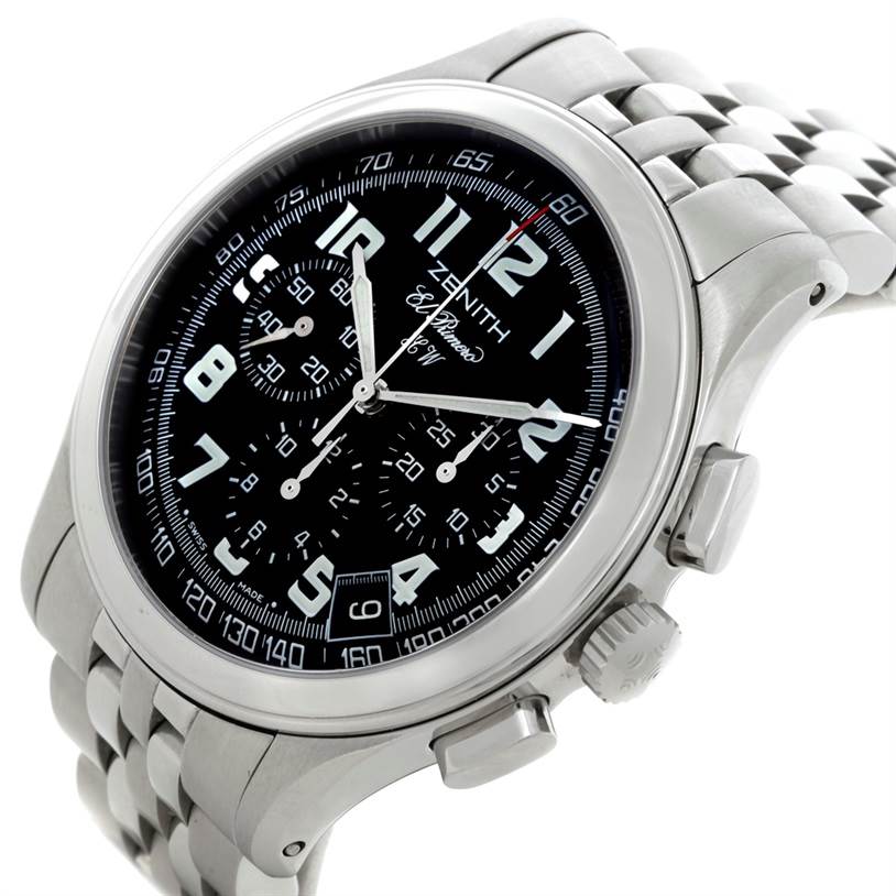 This image shows a Zenith El Primero 02 05004 20 Men
s Stainless Steel Black Dial 02 05004 20 Men
s Stainless Steel Black Dial watch from a three-quarter angle, highlighting the dial, bezel, crown, and part of the bracelet.