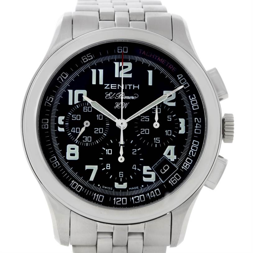 The image shows a front view of the Zenith El Primero 02 05004 20 Men
s Stainless Steel Black Dial 02 05004 20 Men
s Stainless Steel Black Dial watch, highlighting its dial, numerals, chronograph subdials, and bracelet.