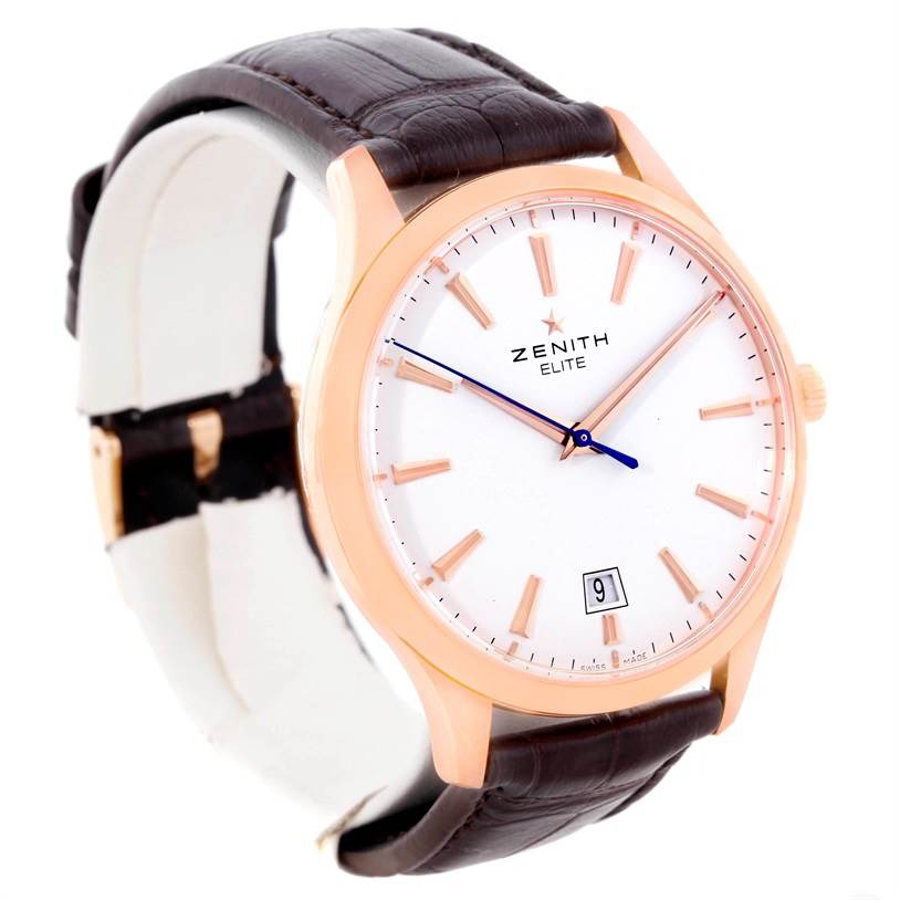 This Zenith Captain 18.2020.670 Men's Rose Gold White Dial 18.2020.670 Men's Rose Gold White Dial model watch is shown at a slight angle, revealing the face, strap, crown, indices, and date window.