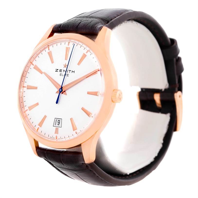 The image shows a Zenith Captain 18.2020.670 Men's Rose Gold White Dial 18.2020.670 Men's Rose Gold White Dial model watch from an angled side view, highlighting the dial, case, and leather strap.