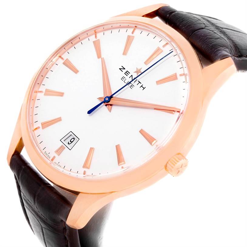 This image shows a Zenith Captain 18.2020.670 Men's Rose Gold White Dial 18.2020.670 Men's Rose Gold White Dial model watch from an angled close-up, highlighting the face, hands, date, case, and strap.