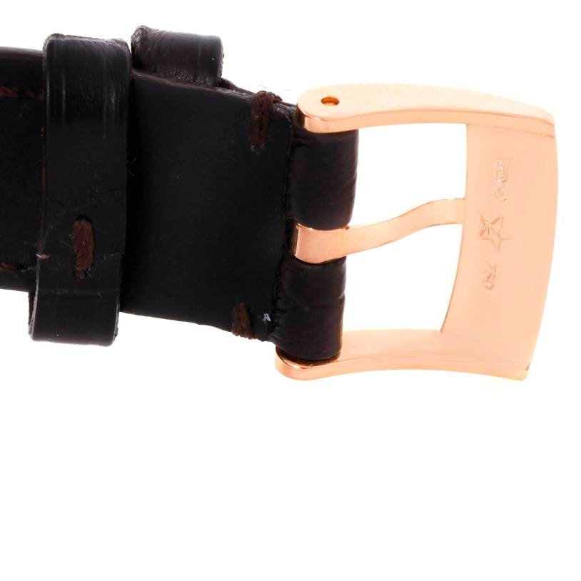 This image shows a close-up of the buckle and leather strap of the Zenith Captain 18.2020.670 Men's Rose Gold White Dial 18.2020.670 Men's Rose Gold White Dial model watch.