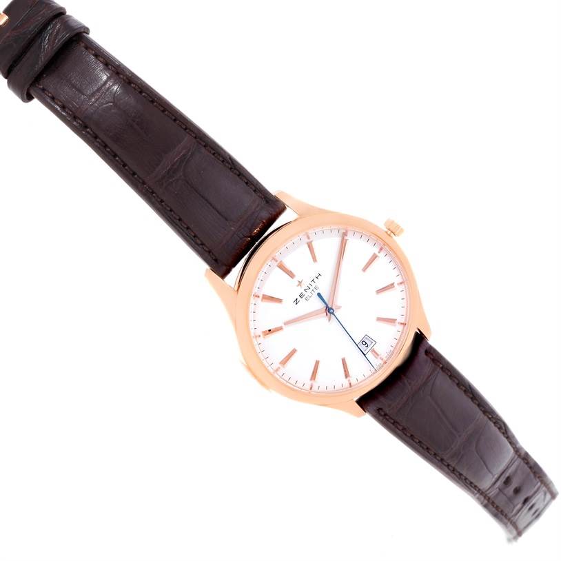 The image shows a Zenith Captain 18.2020.670 Men's Rose Gold White Dial 18.2020.670 Men's Rose Gold White Dial model watch at an overhead angle, highlighting the watch face, bezel, crown, and leather strap.