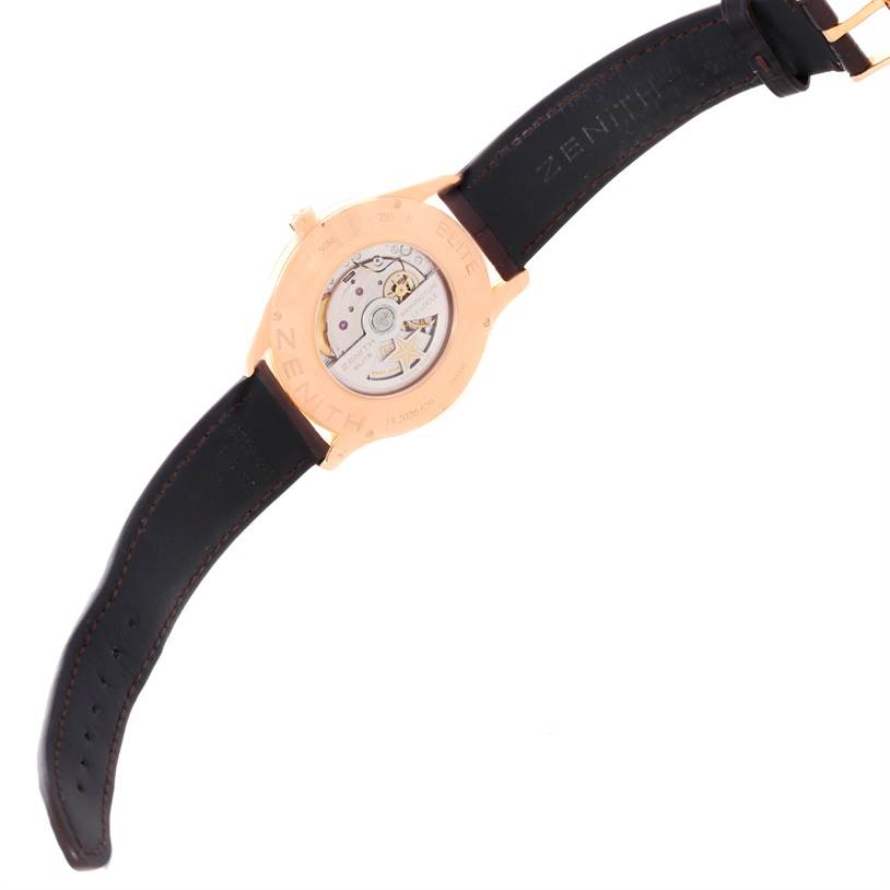 This image shows the back view of a Zenith Captain 18.2020.670 Men's Rose Gold White Dial 18.2020.670 Men's Rose Gold White Dial model watch, displaying its movement and leather strap.