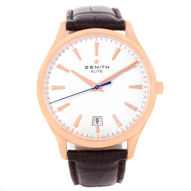 This image shows a Zenith Captain 18.2020.670 Men's Rose Gold White Dial 18.2020.670 Men's Rose Gold White Dial Elite watch from a front angle, highlighting the dial, hands, and leather strap.
