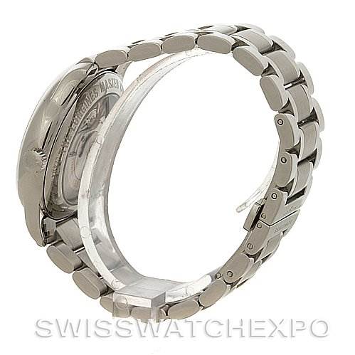 The image shows a side angle of the Longines L2.631.4.51.6 Men's Stainless Steel Black Dial L2.631.4.51.6 Men's Stainless Steel Black Dial Master Automatic GMT Men's Watch L2.631.4.51.6 model, focusing on the bracelet and case back.