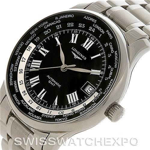 The image shows a close-up of the Longines L2.631.4.51.6 Men's Stainless Steel Black Dial L2.631.4.51.6 Men's Stainless Steel Black Dial Master Automatic GMT Men's Watch L2.631.4.51.6, highlighting the face, bezel, and crown.