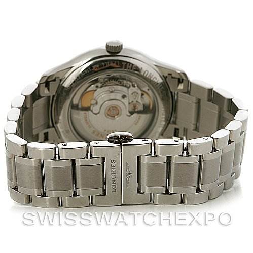 The image shows the back view of the Longines L2.631.4.51.6 Men's Stainless Steel Black Dial L2.631.4.51.6 Men's Stainless Steel Black Dial Master Automatic GMT Men's Watch L2.631.4.51.6, highlighting its bracelet and movement.