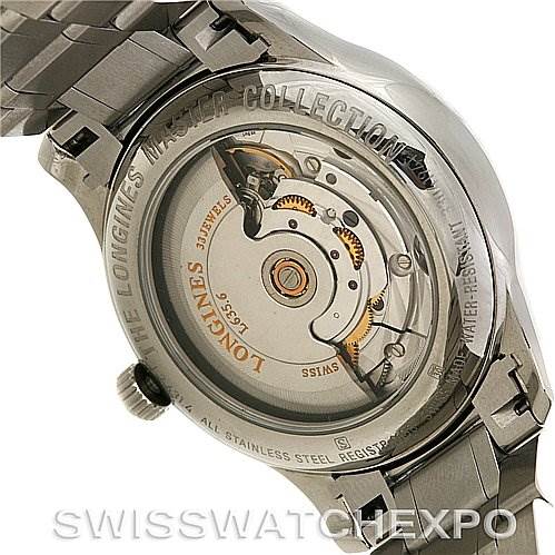 This image shows the back case and movement of a Longines L2.631.4.51.6 Men's Stainless Steel Black Dial L2.631.4.51.6 Men's Stainless Steel Black Dial Master Automatic GMT Men's Watch L2.631.4.51.6.