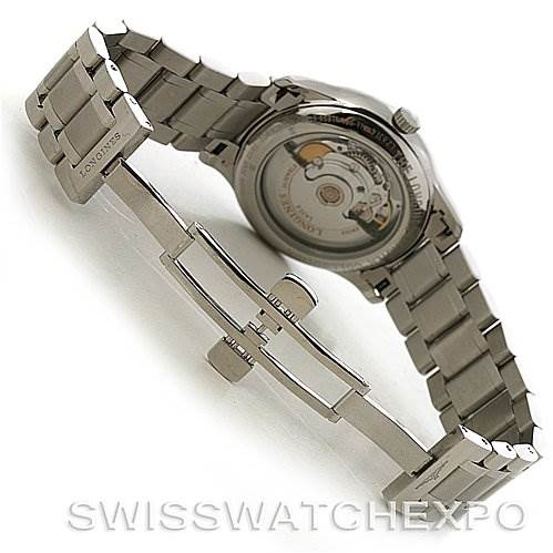 The image shows the back and side angles of the Longines L2.631.4.51.6 Men's Stainless Steel Black Dial L2.631.4.51.6 Men's Stainless Steel Black Dial Master Automatic GMT Men's Watch L2.631.4.51.6, highlighting its bracelet and open clasp.