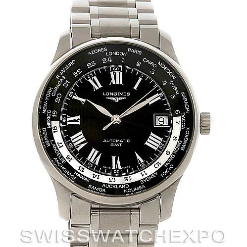 The image shows a front view of the Longines L2.631.4.51.6 Men's Stainless Steel Black Dial L2.631.4.51.6 Men's Stainless Steel Black Dial Master Automatic GMT Men's Watch L2.631.4.51.6, displaying its face, bezel, and metal bracelet.