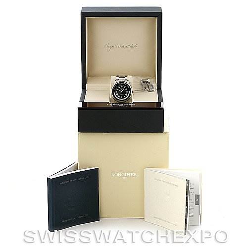 The image shows a Longines L2.631.4.51.6 Men's Stainless Steel Black Dial L2.631.4.51.6 Men's Stainless Steel Black Dial Master Automatic GMT Men's Watch, model L2.631.4.51.6, along with its box and accompanying documentation.