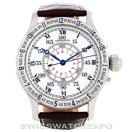 This image shows a front view of the Longines L2.678.4.11.0 Men's Stainless Steel Silver Dial L2.678.4.11.0 Men's Stainless Steel Silver Dial Heritage Lindberg Hour Angle Mens Watch L2.678.4.11.0 with a detailed dial, bezel, and crown.