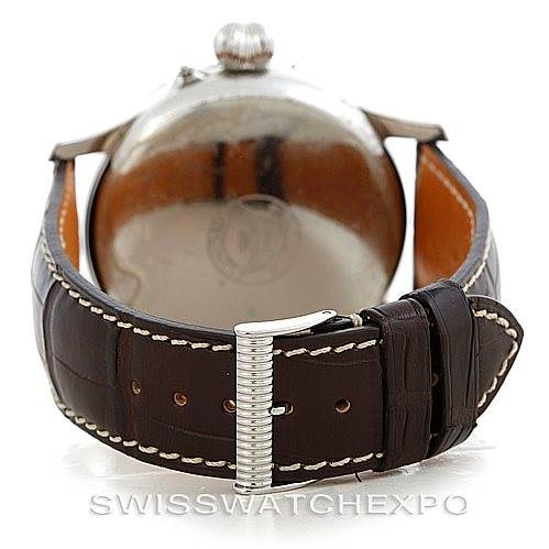 The image shows the back view of a Longines L2.678.4.11.0 Men's Stainless Steel Silver Dial L2.678.4.11.0 Men's Stainless Steel Silver Dial Heritage Lindbergh Hour Angle Men's Watch L2.678.4.11.0, focusing on the leather strap and clasp.