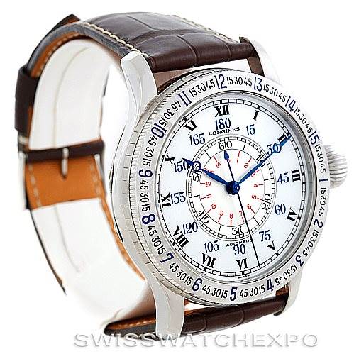 The image shows a side angle of the Longines L2.678.4.11.0 Men's Stainless Steel Silver Dial L2.678.4.11.0 Men's Stainless Steel Silver Dial Heritage Lindberg Hour Angle Mens Watch L2.678.4.11.0, highlighting its dial and brown leather strap.