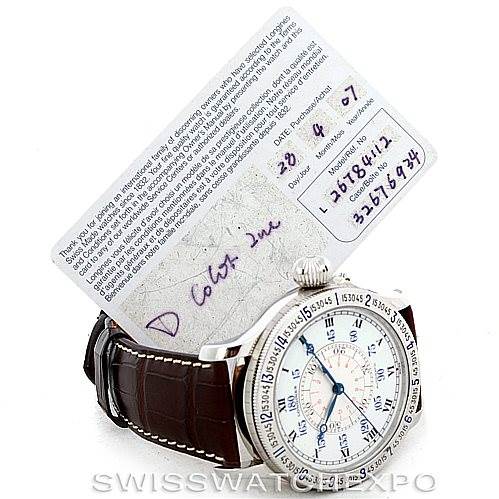 The image features a Longines L2.678.4.11.0 Men's Stainless Steel Silver Dial L2.678.4.11.0 Men's Stainless Steel Silver Dial Heritage Lindberg Hour Angle Mens Watch L2.678.4.11.0, shown at an angle displaying the dial and leather strap, plus a warranty card.