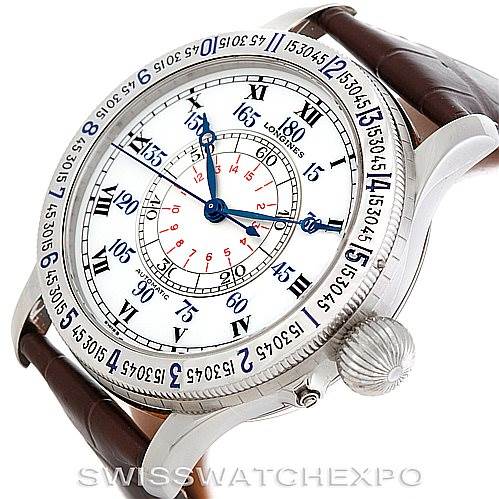 The image shows a close-up angle of the Longines L2.678.4.11.0 Men's Stainless Steel Silver Dial L2.678.4.11.0 Men's Stainless Steel Silver Dial Heritage Lindberg Hour Angle Mens Watch L2.678.4.11.0, highlighting its dial and side crown.