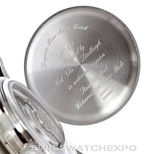 The image shows the open case back of the Longines L2.678.4.11.0 Men's Stainless Steel Silver Dial L2.678.4.11.0 Men's Stainless Steel Silver Dial Heritage Lindberg Hour Angle Mens Watch L2.678.4.11.0 with engraved details.