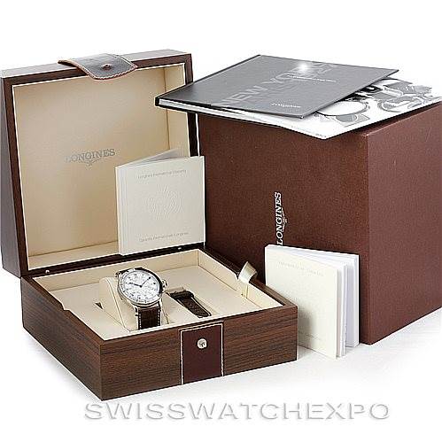 The image shows the Longines L2.678.4.11.0 Men's Stainless Steel Silver Dial L2.678.4.11.0 Men's Stainless Steel Silver Dial Heritage Lindberg Hour Angle Men's Watch L2.678.4.11.0 in its box, with documentation and packaging.