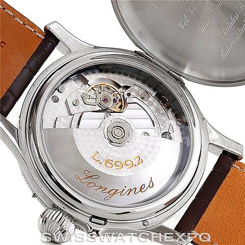 The image displays the open case back of the Longines L2.678.4.11.0 Men's Stainless Steel Silver Dial L2.678.4.11.0 Men's Stainless Steel Silver Dial Heritage Lindberg Hour Angle Men's Watch (model L2.678.4.11.0), revealing its movement.