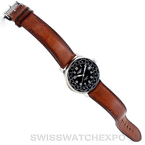 This image shows the Longines L2.631.4 Men's Stainless Steel Black Dial L2.631.4 Men's Stainless Steel Black Dial Master Automatic GMT Men's Watch L2.631.4 from a top view, highlighting the brown leather strap and black dial.