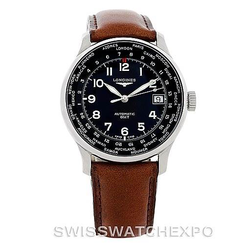 This image shows a front view of the Longines L2.631.4 Men's Stainless Steel Black Dial L2.631.4 Men's Stainless Steel Black Dial Master Automatic GMT Men's Watch L2.631.4, featuring its dial and brown leather strap.