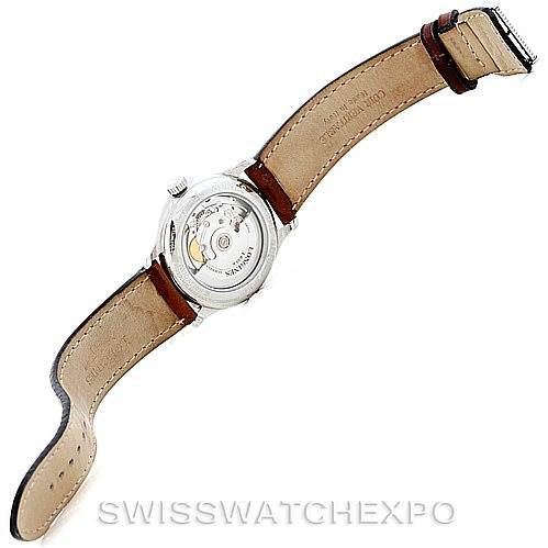 This image shows the back of the Longines L2.631.4 Men's Stainless Steel Black Dial L2.631.4 Men's Stainless Steel Black Dial Master Automatic GMT Men’s Watch L2.631.4, including the open case back and leather strap.