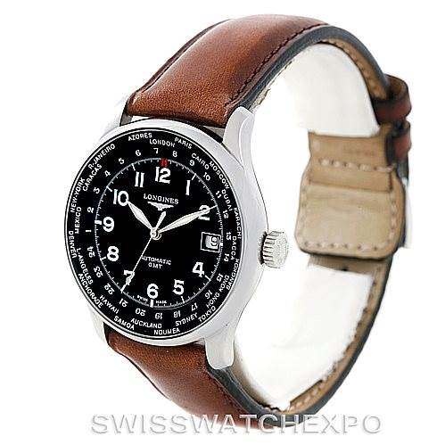 The Longines L2.631.4 Men's Stainless Steel Black Dial L2.631.4 Men's Stainless Steel Black Dial Master Automatic GMT Mens Watch L2.631.4 model is shown from an angled side view displaying the case, dial, bezel, crown, and leather strap.