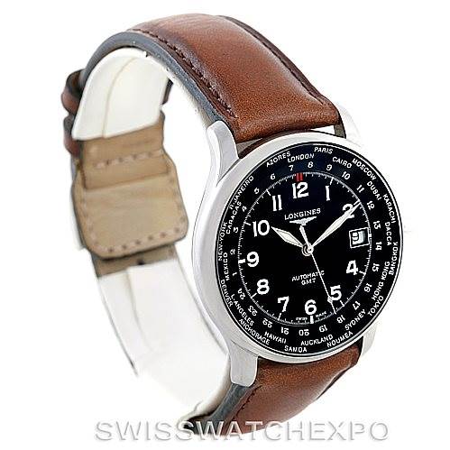 The image shows a Longines L2.631.4 Men's Stainless Steel Black Dial L2.631.4 Men's Stainless Steel Black Dial Master Automatic GMT Men's Watch L2.631.4 at a three-quarter angle, highlighting the black dial, bezel, and brown leather strap.