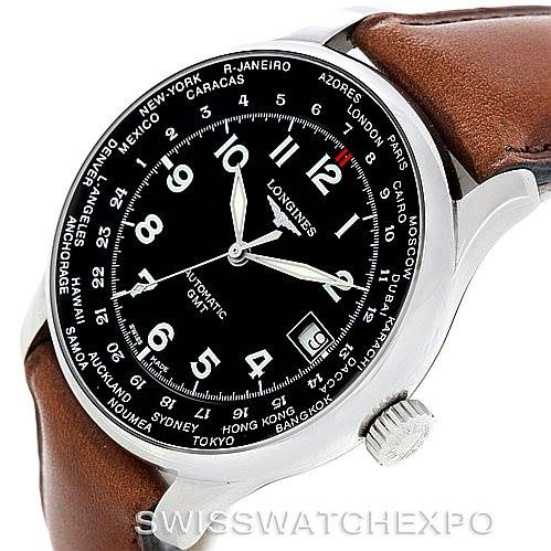 This image shows the Longines L2.631.4 Men's Stainless Steel Black Dial L2.631.4 Men's Stainless Steel Black Dial Master Automatic GMT Mens Watch L2.631.4 model at an angle revealing the face, crown, and leather strap.