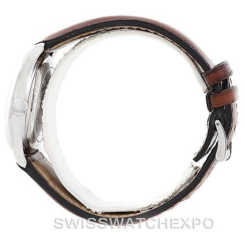 The image shows a side view of the Longines L2.631.4 Men's Stainless Steel Black Dial L2.631.4 Men's Stainless Steel Black Dial Master Automatic GMT Mens Watch L2.631.4, highlighting the case, crown, and leather strap.