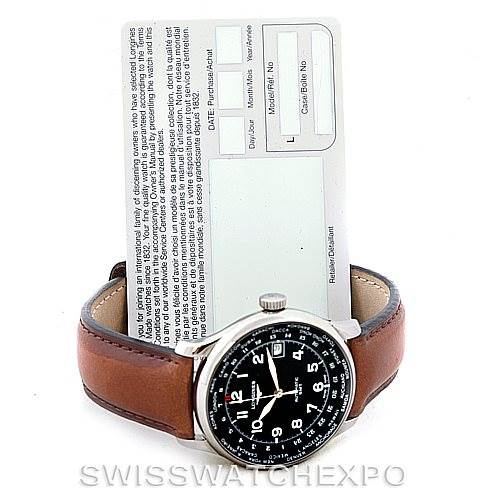 This image shows a front view of the Longines L2.631.4 Men's Stainless Steel Black Dial L2.631.4 Men's Stainless Steel Black Dial Master Automatic GMT Mens Watch L2.631.4 with its certification card.