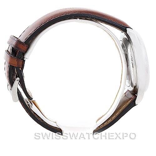 The image shows a side view of the Longines L2.631.4 Men's Stainless Steel Black Dial L2.631.4 Men's Stainless Steel Black Dial Master Automatic GMT Men's Watch L2.631.4, highlighting the case and leather strap.