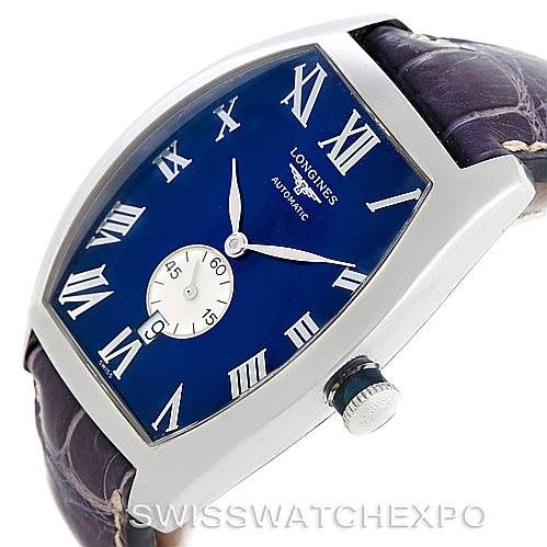 The image shows a side angle of the Longines L2.631.4 Men's Stainless Steel Blue Dial L2.631.4 Men's Stainless Steel Blue Dial Evidenza Men's Steel Watch L2.631.4, highlighting the blue dial and crown.