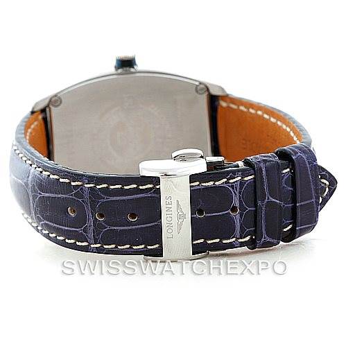 The image shows the back angle of the Longines L2.631.4 Men's Stainless Steel Blue Dial L2.631.4 Men's Stainless Steel Blue Dial Evidenza Men's Steel Watch L2.631.4, highlighting the leather strap and buckle.