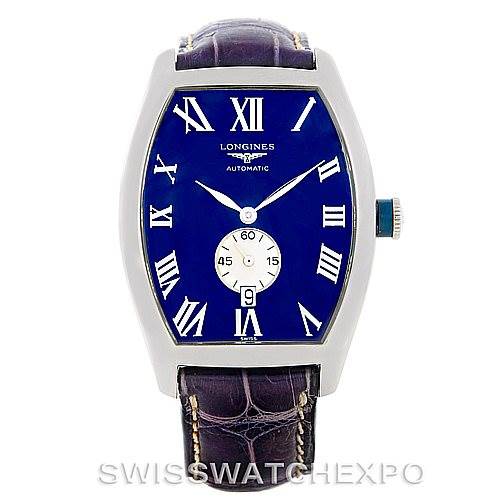 This image shows the Longines L2.631.4 Men's Stainless Steel Blue Dial L2.631.4 Men's Stainless Steel Blue Dial Evidenza Men's Steel Watch L2.631.4 from a front angle, displaying the dial, hands, and leather strap.
