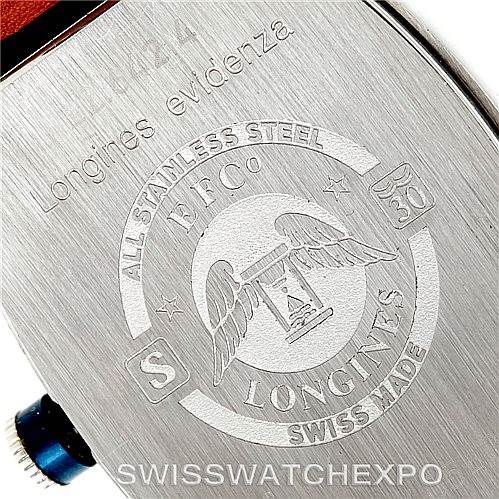 The image shows the back casing of the Longines L2.631.4 Men's Stainless Steel Blue Dial L2.631.4 Men's Stainless Steel Blue Dial Evidenza Men's Steel Watch L2.631.4, highlighting the engraved logo and text.