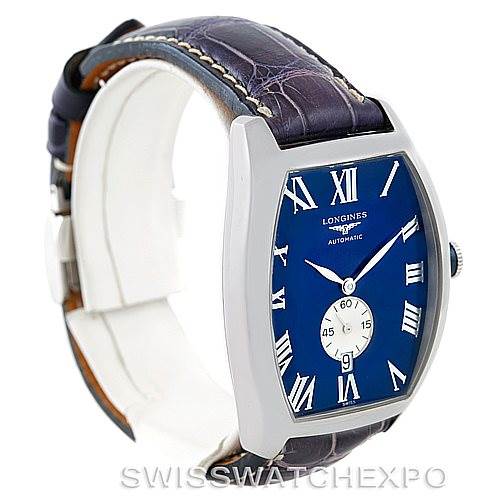 The image shows a Longines L2.631.4 Men's Stainless Steel Blue Dial L2.631.4 Men's Stainless Steel Blue Dial Evidenza Mens Steel Watch L2.631.4 from a front-left angle, highlighting the blue dial, Roman numerals, and leather strap.