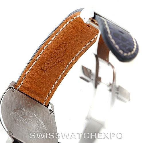 The image shows a close-up of the inside strap and buckle of the Longines L2.631.4 Men's Stainless Steel Blue Dial L2.631.4 Men's Stainless Steel Blue Dial Evidenza Men's Steel Watch L2.631.4 model.