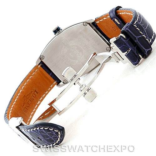 This image shows the underside and clasp of the Longines L2.631.4 Men's Stainless Steel Blue Dial L2.631.4 Men's Stainless Steel Blue Dial Evidenza Mens Steel Watch L2.631.4, highlighting the leather strap and deployment buckle.