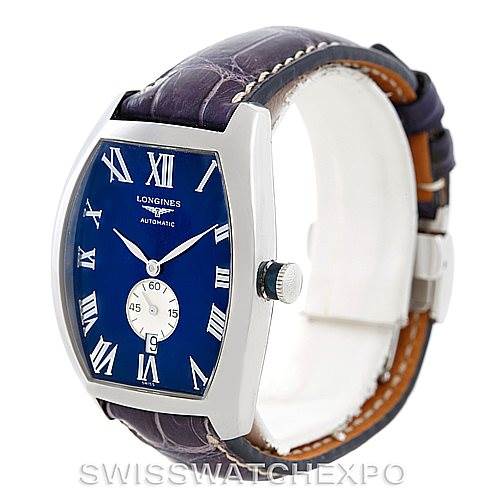 The image shows a side angle of the Longines L2.631.4 Men's Stainless Steel Blue Dial L2.631.4 Men's Stainless Steel Blue Dial Evidenza Men's Steel Watch L2.631.4, highlighting the face, case, and strap.