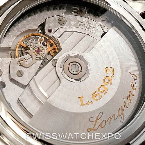 This image shows a close-up of the movement of the Longines L2.678.4.11.0 Men
s Stainless Steel White Dial L2.678.4.11.0 Men
s Stainless Steel White Dial Heritage Lindbergh Hour Angle Watch L2.678.4.11.0 from the back.