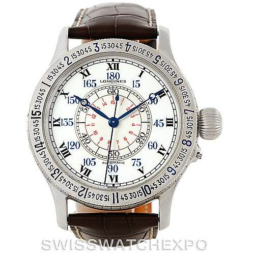 The Longines L2.678.4.11.0 Men
s Stainless Steel White Dial L2.678.4.11.0 Men
s Stainless Steel White Dial Heritage Lindbergh Hour Angle Watch L2.678.4.11.0 is shown from a front angle showcasing the dial and bezel.