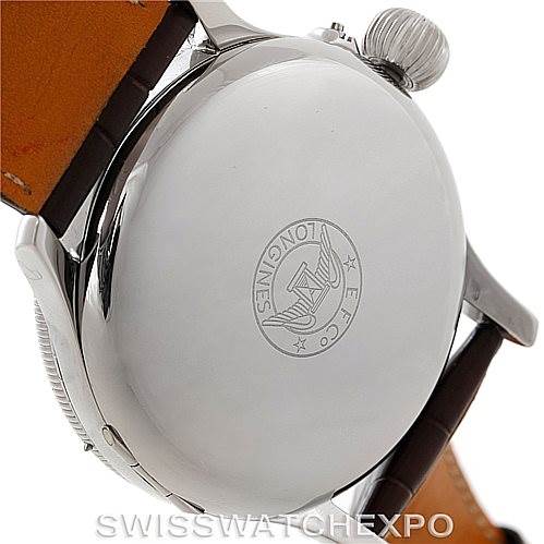 The image shows the back case, crown, and part of the strap of the Longines L2.678.4.11.0 Men
s Stainless Steel White Dial L2.678.4.11.0 Men
s Stainless Steel White Dial Heritage Lindbergh Hour Angle Watch L2.678.4.11.0.