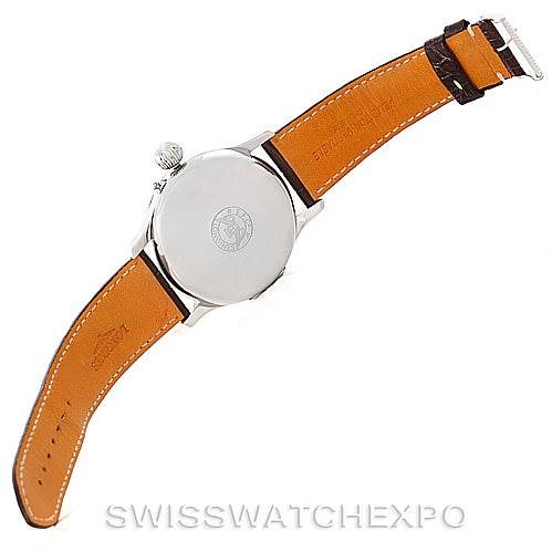 The image shows the back case and strap of the Longines L2.678.4.11.0 Men
s Stainless Steel White Dial L2.678.4.11.0 Men
s Stainless Steel White Dial Heritage Lindbergh Hour Angle Watch L2.678.4.11.0 model.