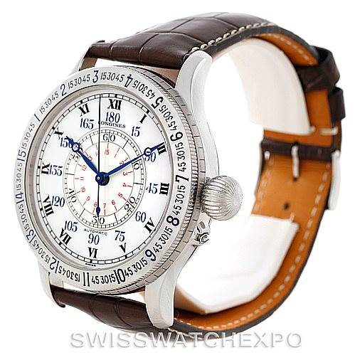 The Heritage Lindbergh Hour Angle Watch L2.678.4.11.0 by Longines L2.678.4.11.0 Men
s Stainless Steel White Dial L2.678.4.11.0 Men
s Stainless Steel White Dial is shown at a three-quarter angle, displaying the face, case, and strap.