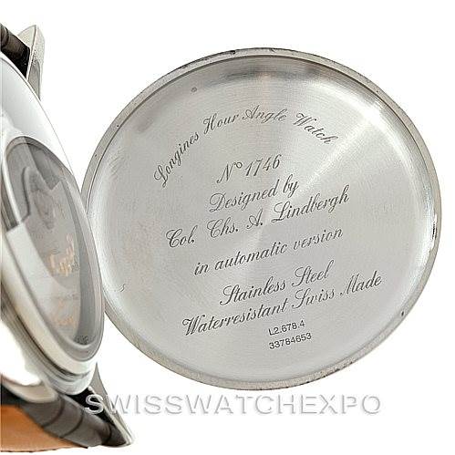 This image shows the open case-back of the Longines L2.678.4.11.0 Men
s Stainless Steel White Dial L2.678.4.11.0 Men
s Stainless Steel White Dial Heritage Lindbergh Hour Angle Watch L2.678.4.11.0, revealing engravings and model details.